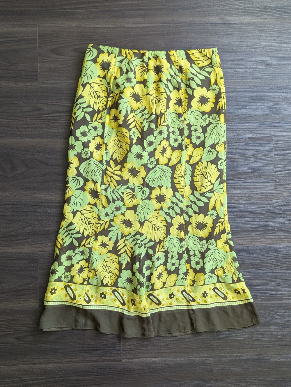 Jones New York 100% Maxi Silk Skirt 12 Chartreuse Green Floral Fall Boho